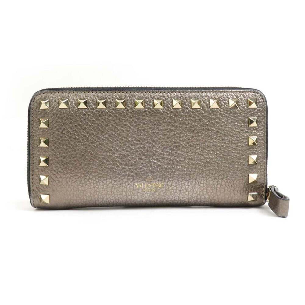 Valentino Garavani Round Long Wallet Rockstud Leather Gold x Black Women's 55...